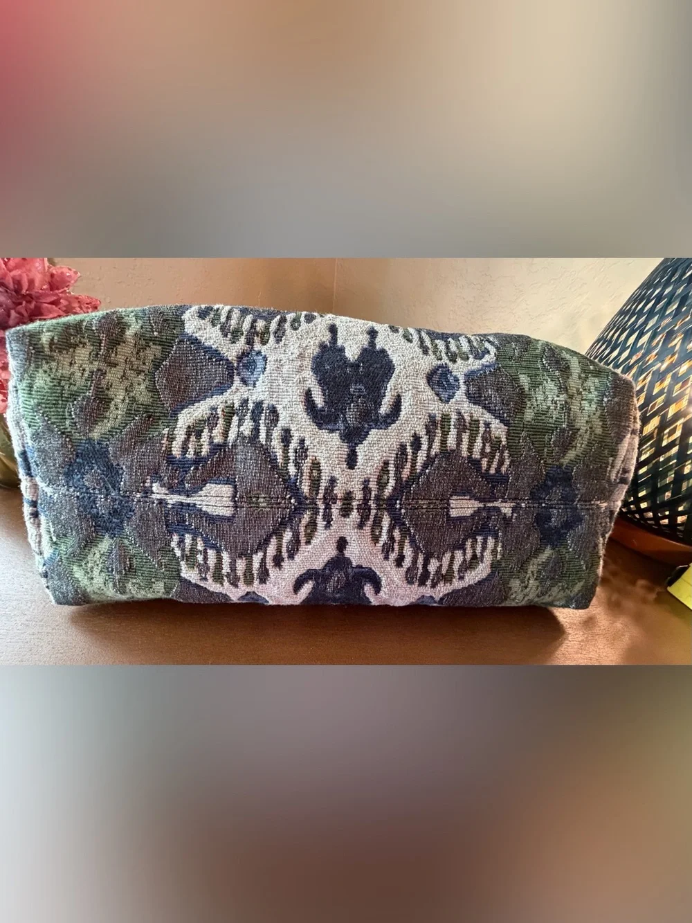 Tory Burch Olive Green, Navy and Cream Tapestry Tote with Dust Bag & long strap